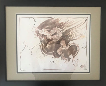 Dragon Marta Wiley Original  Mixed Media Ink Sketch Artist Hand Signed Thumb Printed Framed