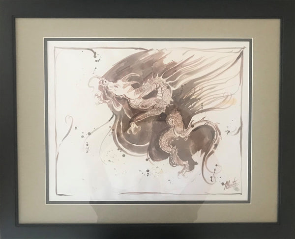 Dragon Marta Wiley Original  Mixed Media Ink Sketch Artist Hand Signed Thumb Printed Framed