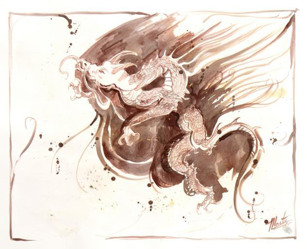 Dragon Marta Wiley Original  Mixed Media Ink Sketch Artist Hand Signed Thumb Printed Framed