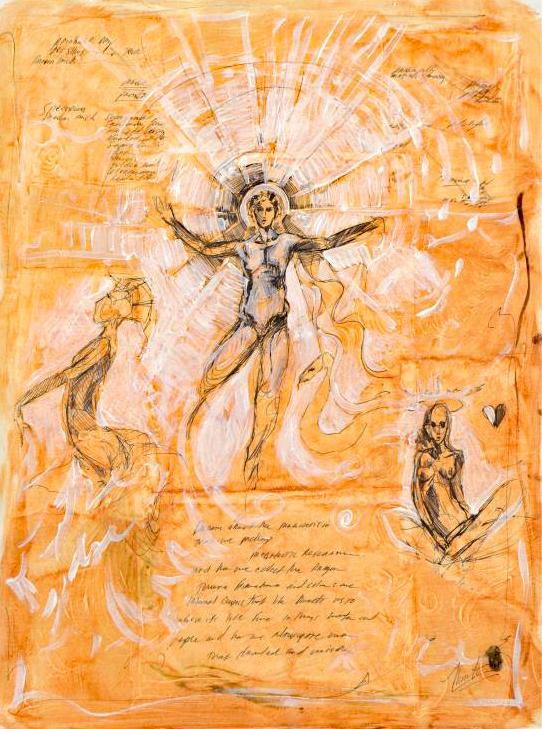 Marta Wiley Original Mixed Media Sketch and Acrylic Painting on Canvas Artist Signed and Thumb Printed