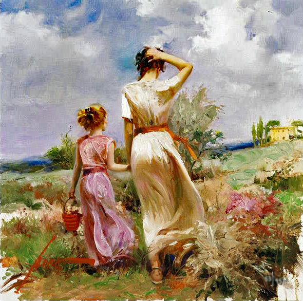 Tuscan Stroll Pino Daeni Artist Proof Giclée on Canvas Artist Hand Embellished, Signed and AP Numbered