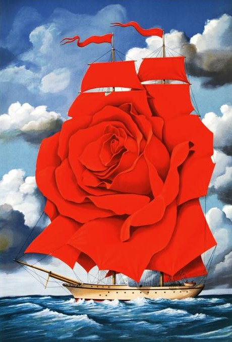 Red Rose Ship Rafal Olbinski Hand Pulled Lithograph Print Artist Hand Signed and Numbered