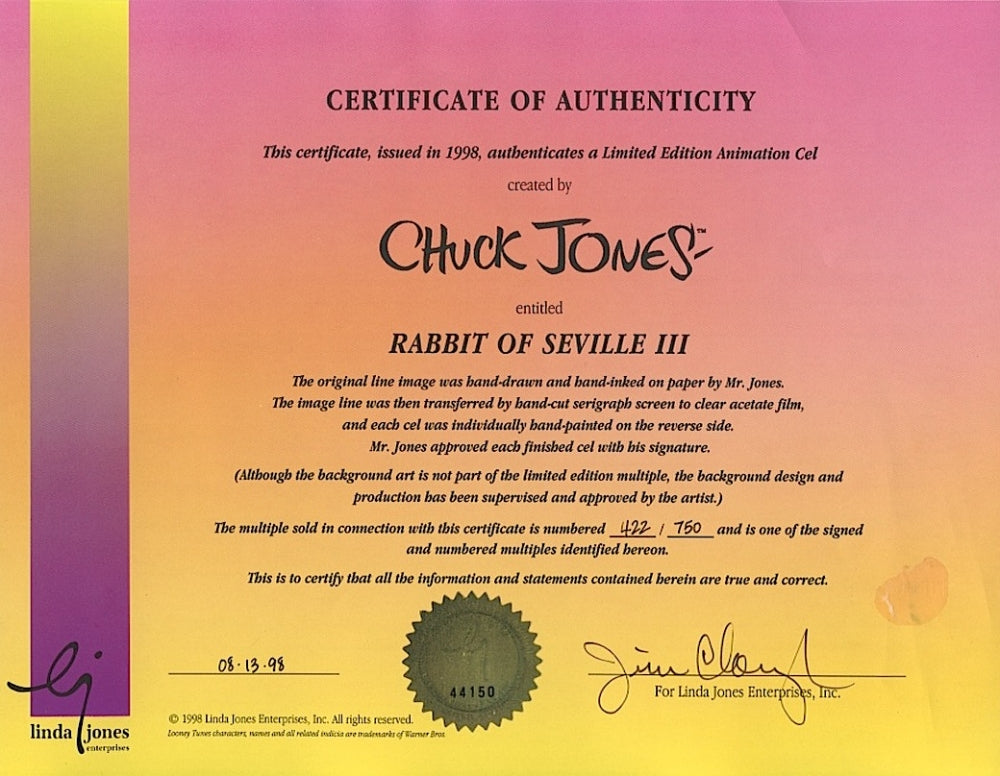 Rabbit of Seville III Chuck Jones Hand Painted Animation Cel Artist Hand Signed and Numbered with a Full Color Lithograph Background