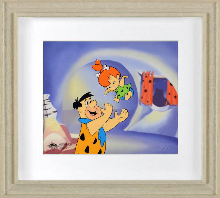 Fred Tossing Pebbles Hanna Barbera Animation Art Sericel and Full Color Lithograph Background Framed