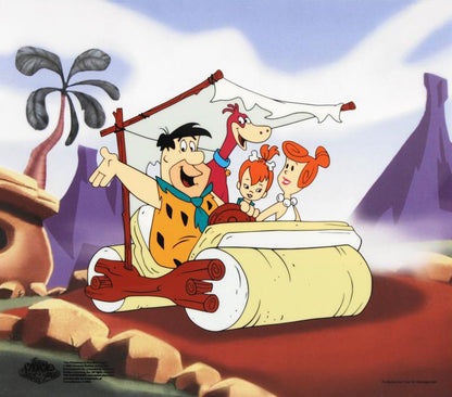 The Flintstones Family Car Hanna Barbera Animation Art Sericel with Full Color Background Framed