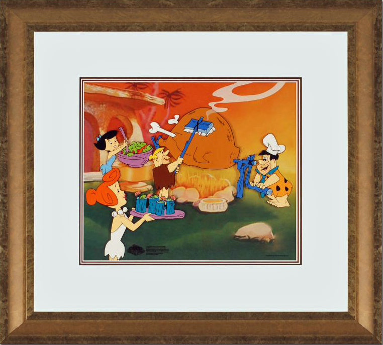 Flintstones Barbecue Hanna Barbera Animation Art Sericel with a Full Color Lithograph Background Framed
