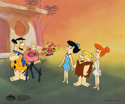 Freds Photo Op Hanna Barbera Animation Art Fintstones Sericel with Full Color Lithograph Backgound