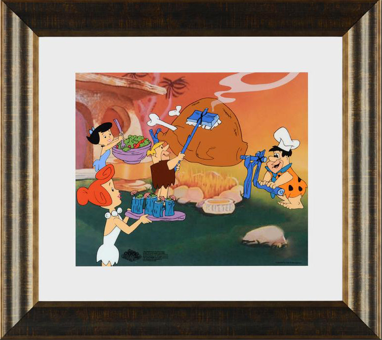 Flintstones Barbecue Hanna Barbera Animation Art Sericel with a Full Color Lithograph Background Framed