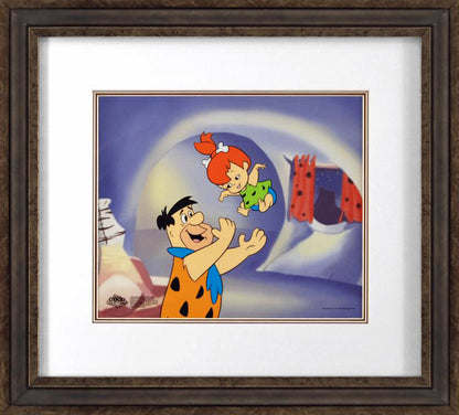 Fred Tossing Pebbles Hanna Barbera Animation Art Sericel and Full Color Lithograph Background Framed