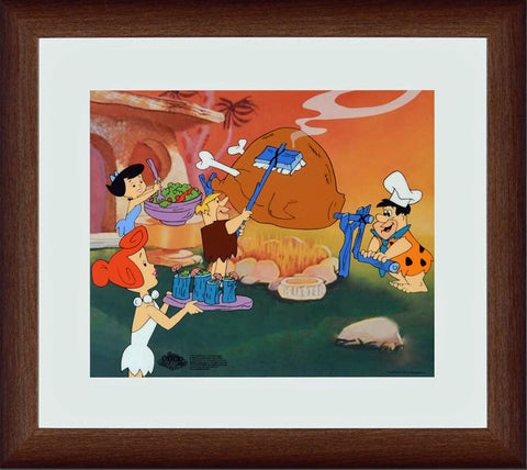 Flintstones Barbecue Hanna Barbera Animation Art Sericel with a Full Color Lithograph Background Framed