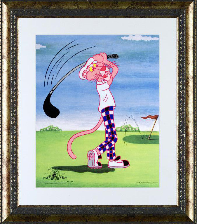 Pink Panther Golfing MGM and United Artists Sericel with a Full Color Lithograph Background Framed