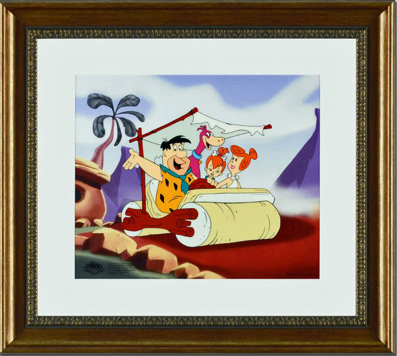 The Flintstones Family Car Hanna Barbera Animation Art Sericel with Full Color Background Framed