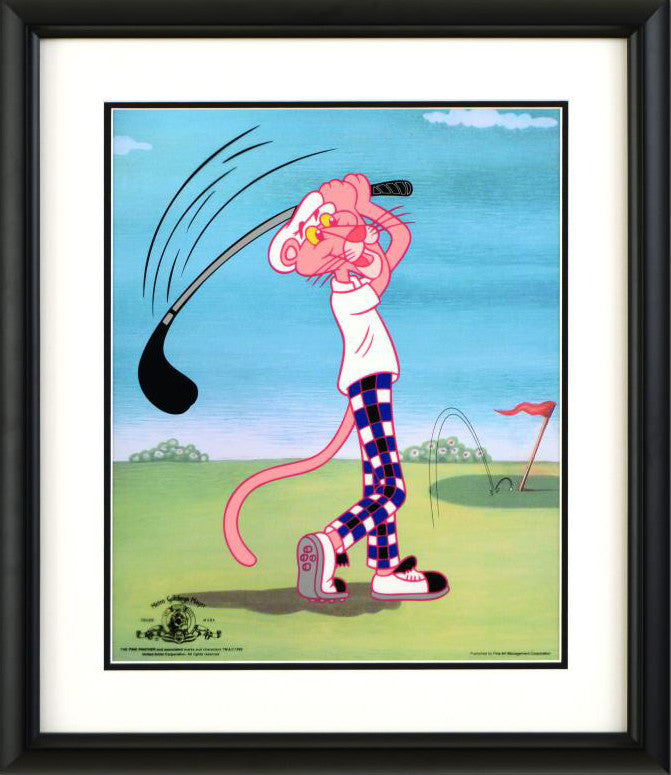 Pink Panther Golfing MGM and United Artists Sericel with a Full Color Lithograph Background Framed