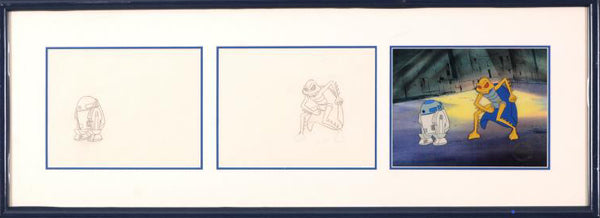 R2-D2 & Gaff Lucasfilm Triptych with two Original Pencil Production Drawings on Studio Animation Paper and One Hand Painted Animation Cel Framed