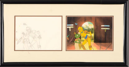 C3PO &amp; Waiter Filmation Associates Diptych with Original Production Drawing on Paper and Hand Painted Production Animation Cel Framed