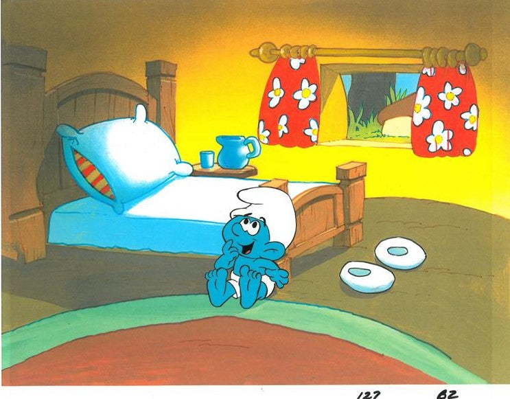 The Smurfs Hand Painted Production Animation Cel and Full Color Background