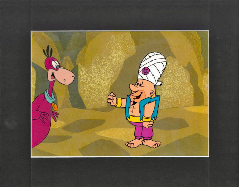 Barney Rubble and Dino Hanna Barbera Original Production Animation Cel and Full Color Lithograph Background Matted
