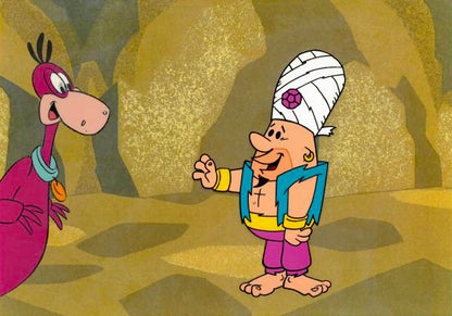 Barney Rubble and Dino Hanna Barbera Original Production Animation Cel and Full Color Lithograph Background Matted