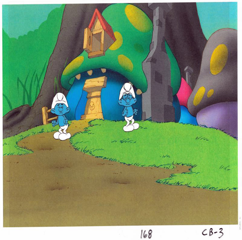 The Smurfs Hand Painted Production Animation Cel and Full Color Background