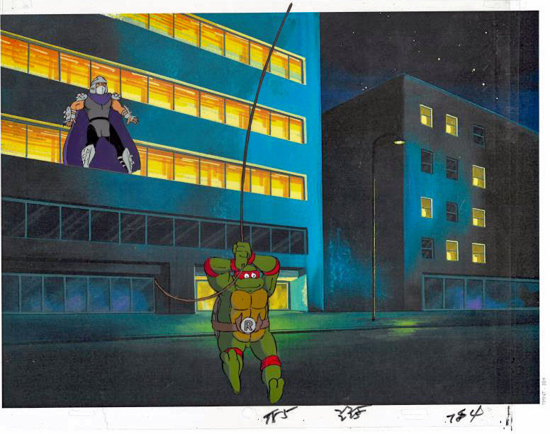 Teenage Mutant Ninja Turtles Hand Painted Production Animation Cel with Two Paired Pencil Sketches and Full Color Background