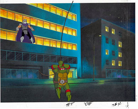 Teenage Mutant Ninja Turtles Hand Painted Production Animation Cel with Two Paired Pencil Sketches and Full Color Background 