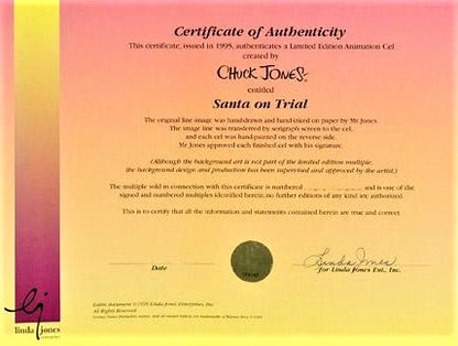 Santa on Trial Hand Painted Animation Cel Artist Hand Signed and Numbered with Full Color Background