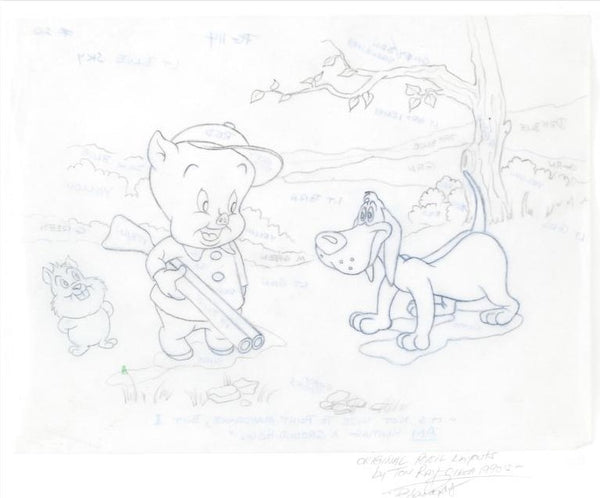 Porky Pig Tom Ray Original Pencil Layout Drawing Hand Signed by the Artist's Widow Brenda Ray