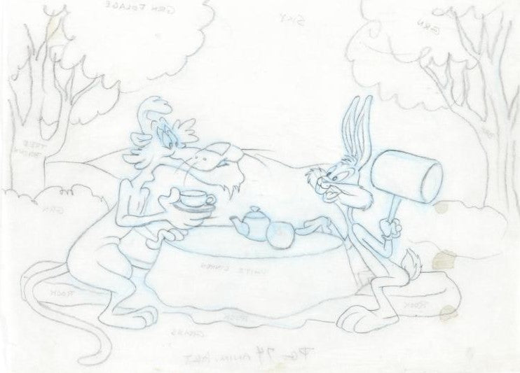 Bugs Bunny and the Big Bad Wolf Tom Ray Original Pencil Layout Drawing Brenda Ray Hand Signed