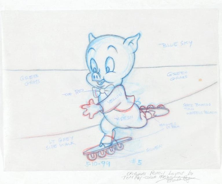 Porky Pig Tom Ray Original Pencil Layout Drawing Hand Signed by the Artist Widow Brenda Ray