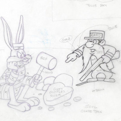 Bugs Bunny and Yosemite Sam Tom Ray Original Pencil Layout Drawing Brenda Ray Hand Signed