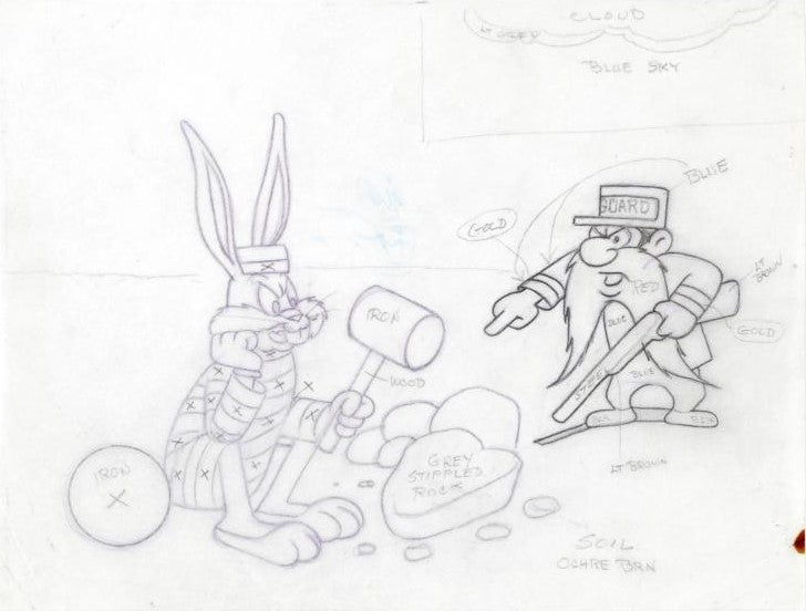 Bugs Bunny and Yosemite Sam Tom Ray Original Pencil Layout Drawing Brenda Ray Hand Signed