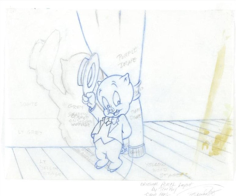 Porky Pig Tom Ray Original Pencil Layout Drawing Hand Signed by the Artist Widow Brenda Ray
