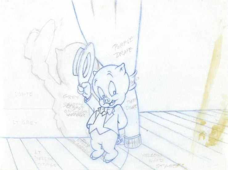 Porky Pig Tom Ray Original Pencil Layout Drawing Hand Signed by the Artist Widow Brenda Ray