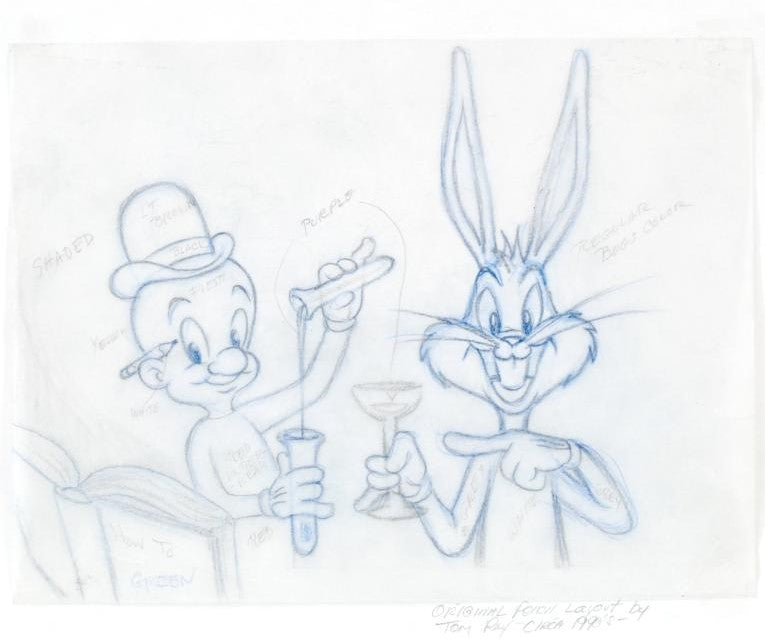 Bugs Bunny and Elmer Fudd Tom Ray Original Pencil Layout Drawing Tom Ray and Brenda Ray Hand Signed