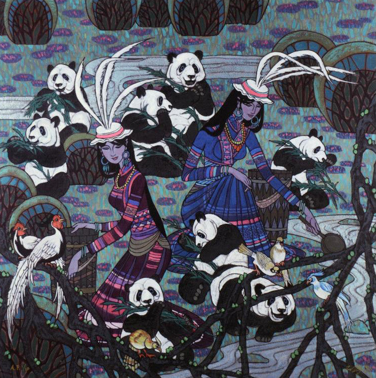 Panda Family Zu Ming Ho Artist Proof Canvas Giclée Print Artist Hand Signed and Numbered