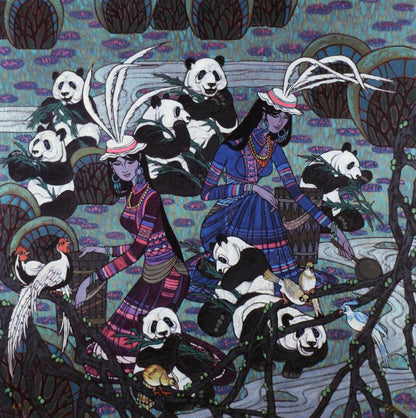 Panda Family Zu Ming Ho Artist Proof Canvas Giclée Print Artist Hand Signed and Numbered