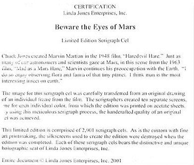 Beware the Eyes of Mars Chuck Jones Sericel Bearing Linda Jones Seal of Authenticity and Chuck Jones Stamped Signature